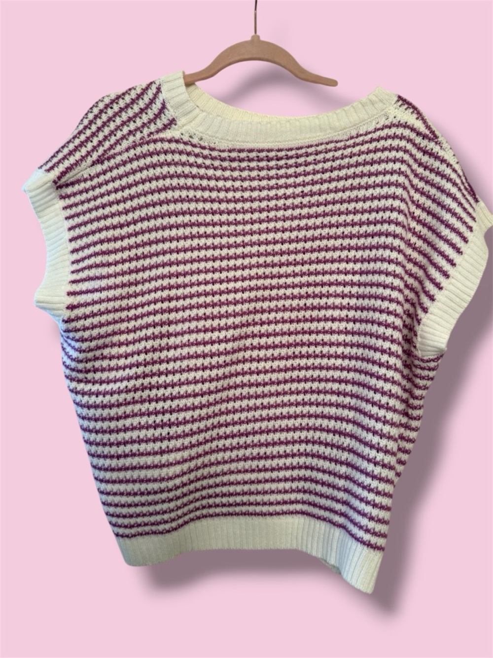Striped Knit Sweater Vest in Cream and Berry